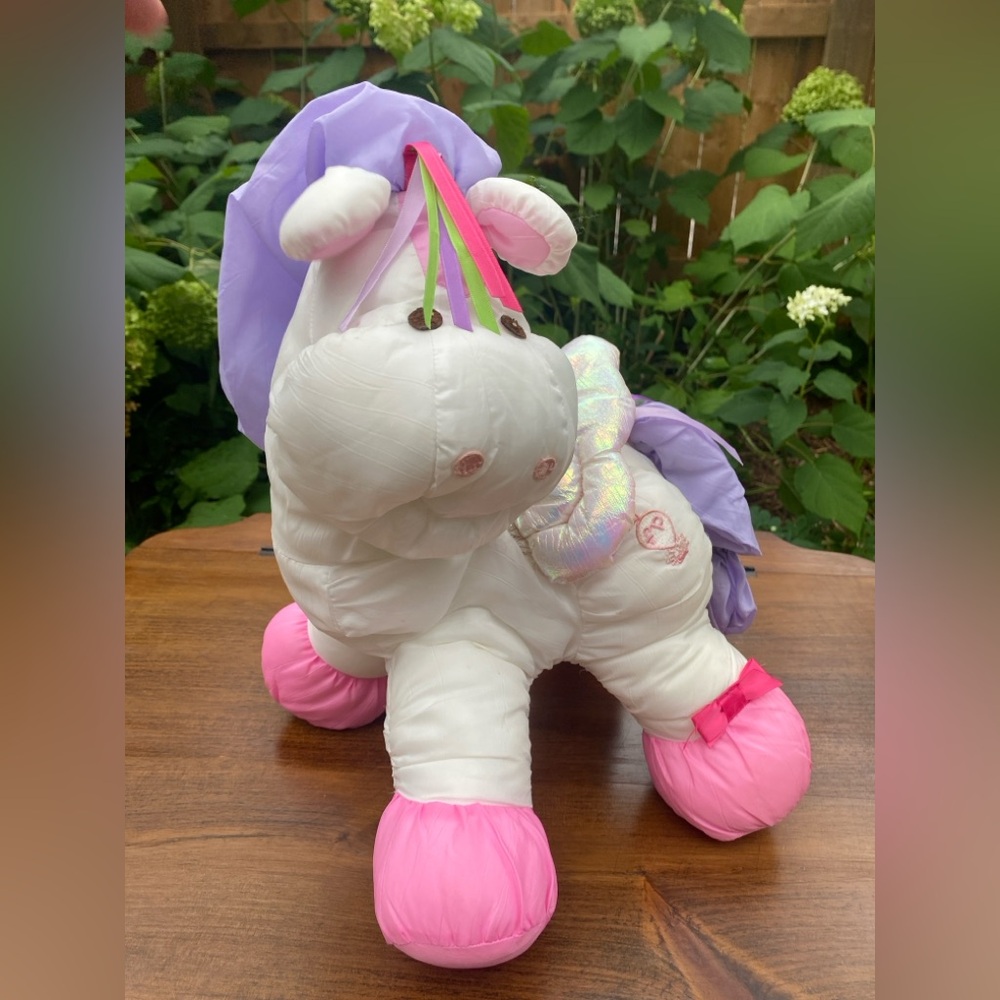 Fisher-Price Puffalump "Pegasus”White Unicorn Plush with Pink and Purple Details